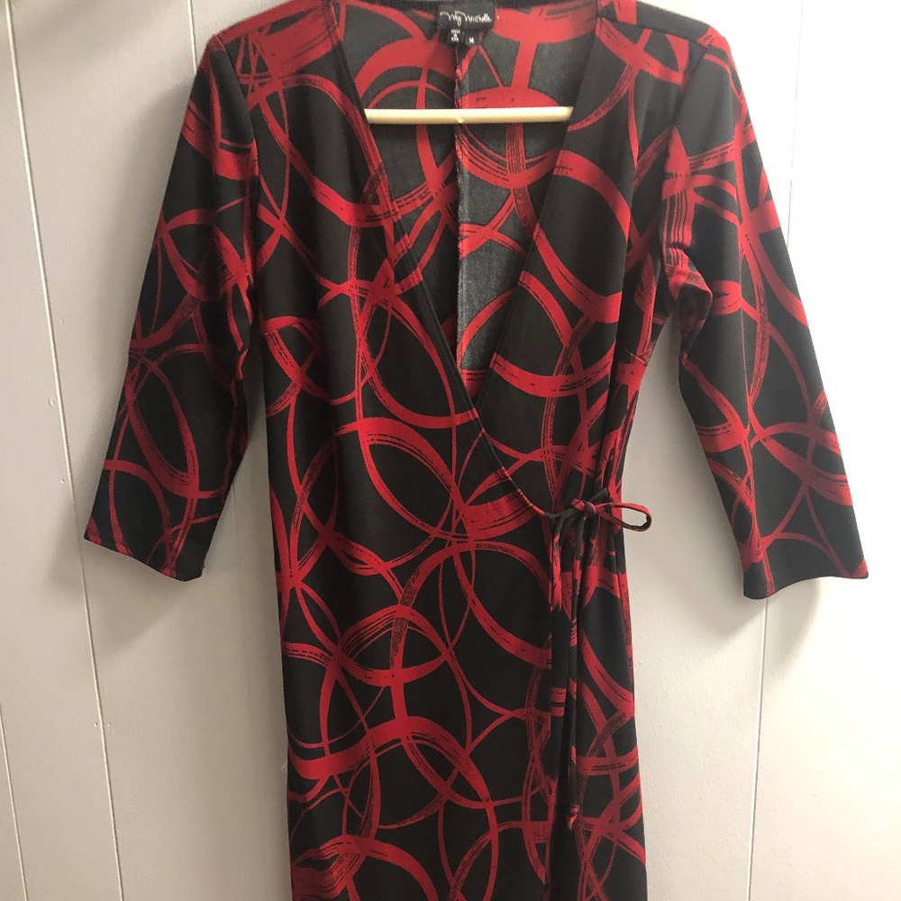 My Michelle  Women's Size M Red and Black  Dress 3/4 sleeves Front Tie Closure